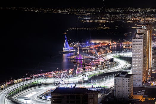Vibrant night aerial view of Jeddah Corniche Circuit in Saudi Arabia with city lights and a Ferris wheel.
