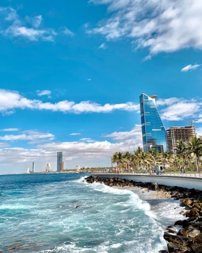 Vibrant urban landscape of Jeddah's coastline. Captivating cityscape with striking architecture.